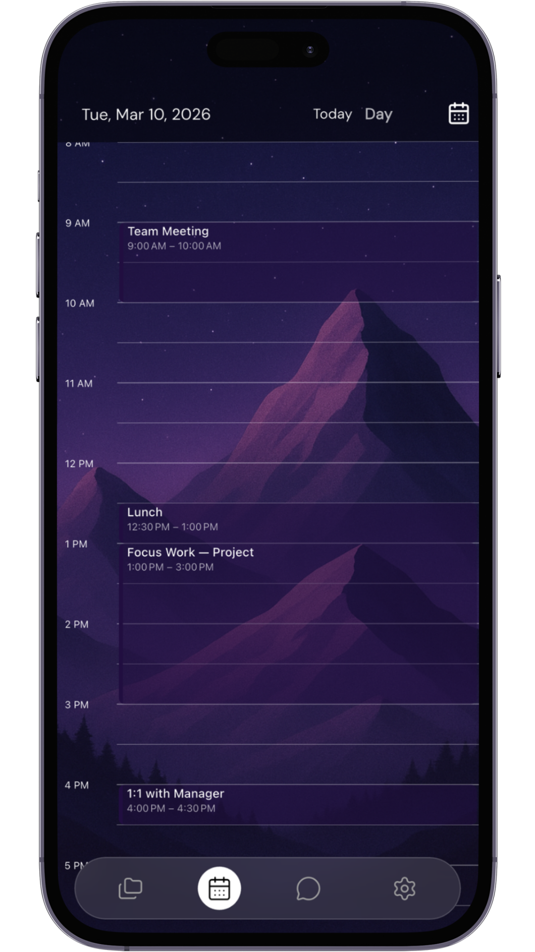 Day view showing timeline and task integration