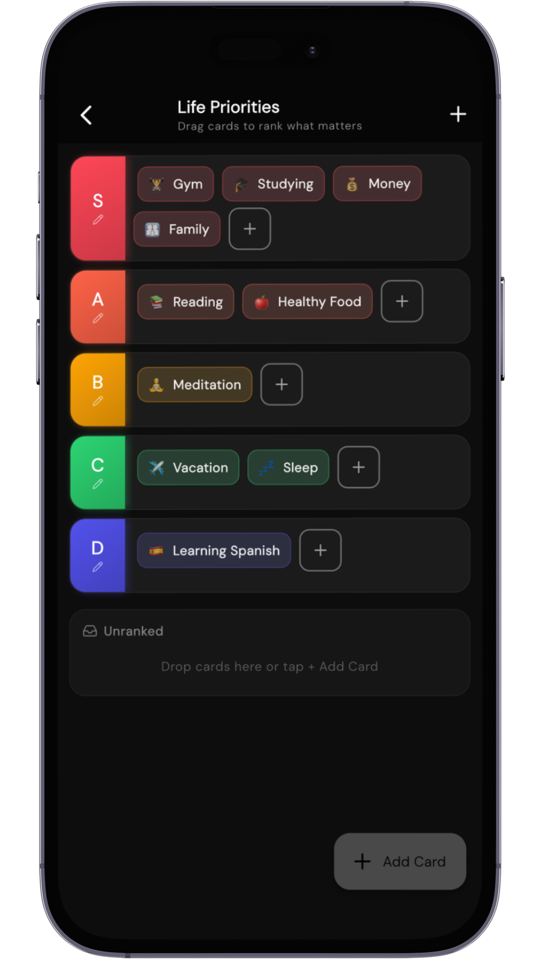 Priority tier-list showing ranked life areas